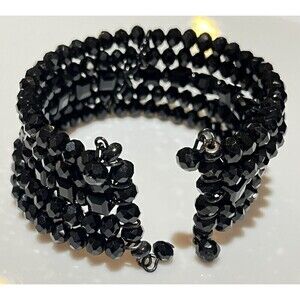 Estate Six Strand Black Faceted Stretch Memory Wire Wrap Bracelet Whimsy Goth